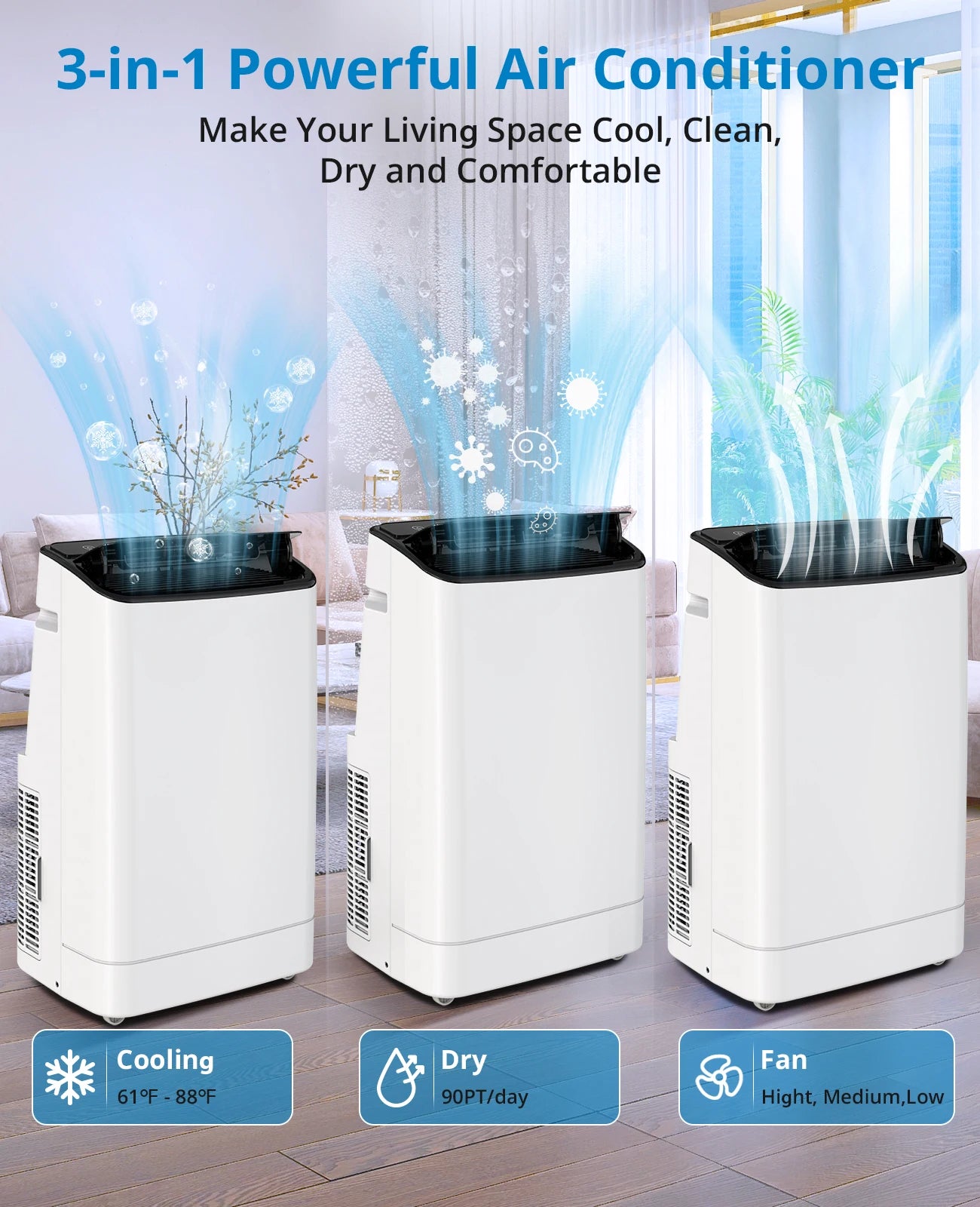 Climatiseur portable 14000 BTU, ventilateur déshumidificateur 3-en-1, télécommande et kit de fixation fenêtre, économe en énergie pour la maison