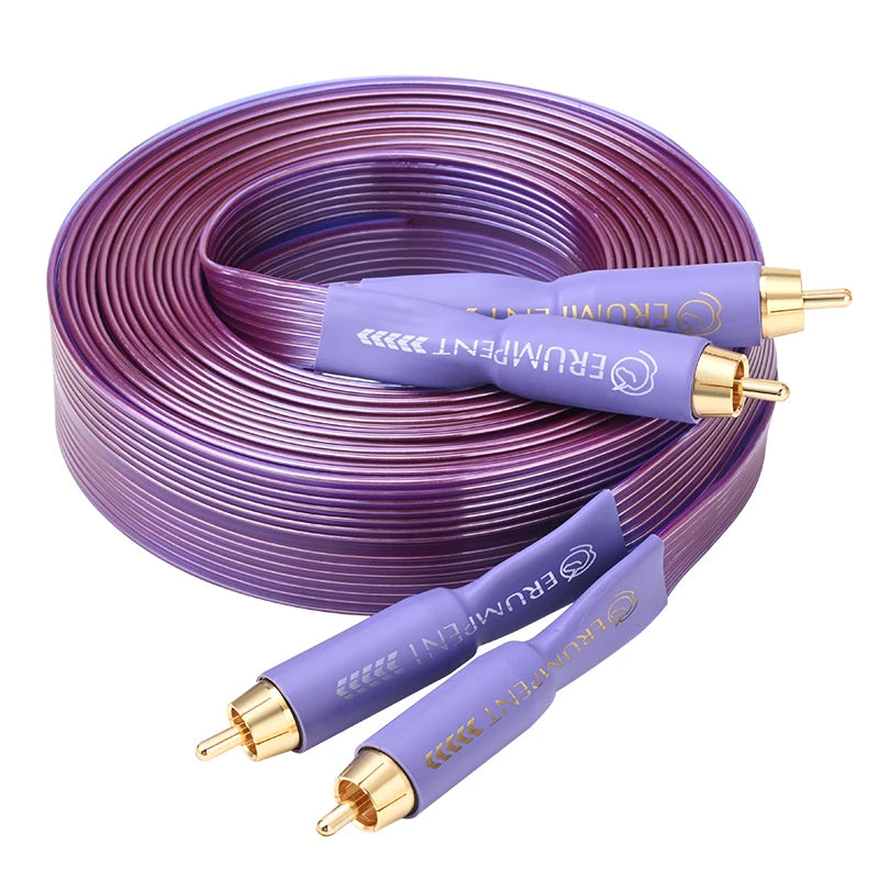 Câble HiFi ERUMPENT OCC 2RCA Bande plate en cuivre pur haut de gamme avec fiches mâles 2RCA plaquées or Câble audio 2RCA vers 2RCA pour amplificateur CD