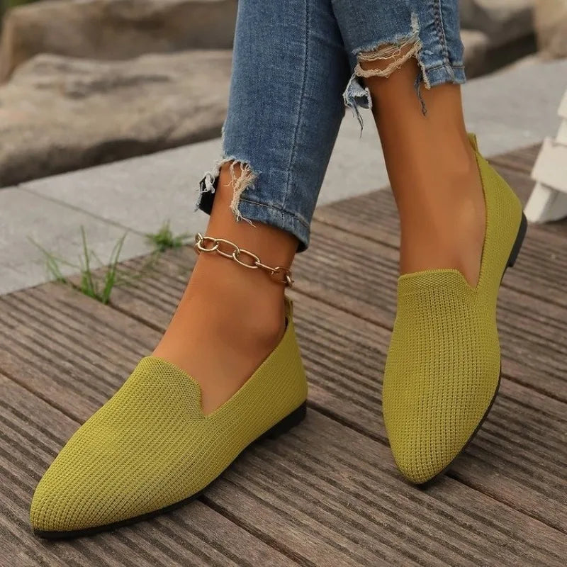 New Women Solid Color Pointed Head Mesh Loafers Shallow Woman Flats Soft Bottom Knit Ballet Flat Shoes Casual Slip on Boat Shoes