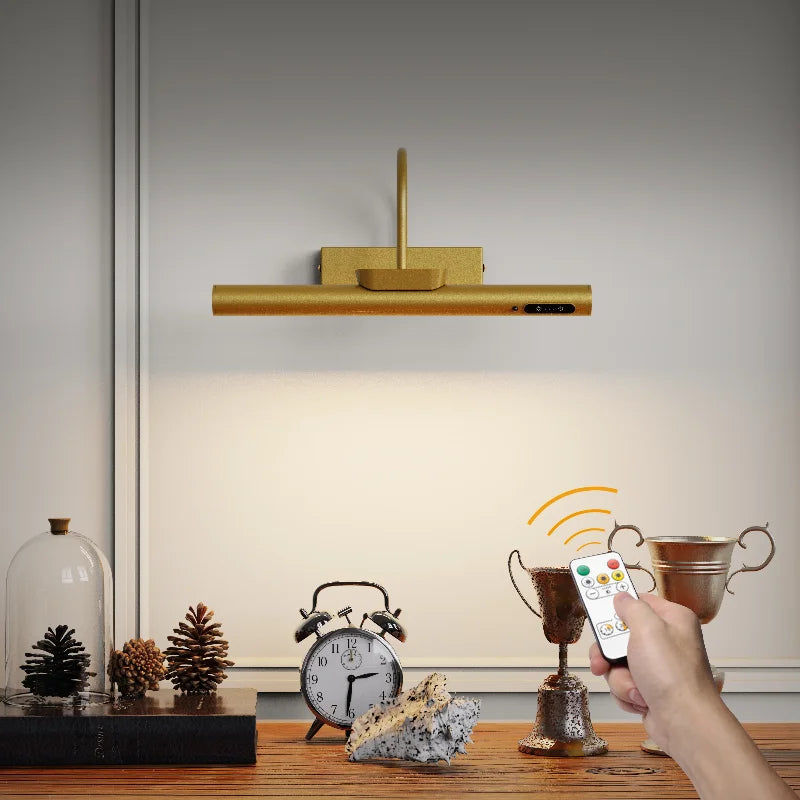 Lampe murale rechargeable à LED 4000mAh, télécommande moderne, 3 couleurs, intensité réglable, dorée, pour miroir de salle de bain, en aluminium, pour éclairer des tableaux