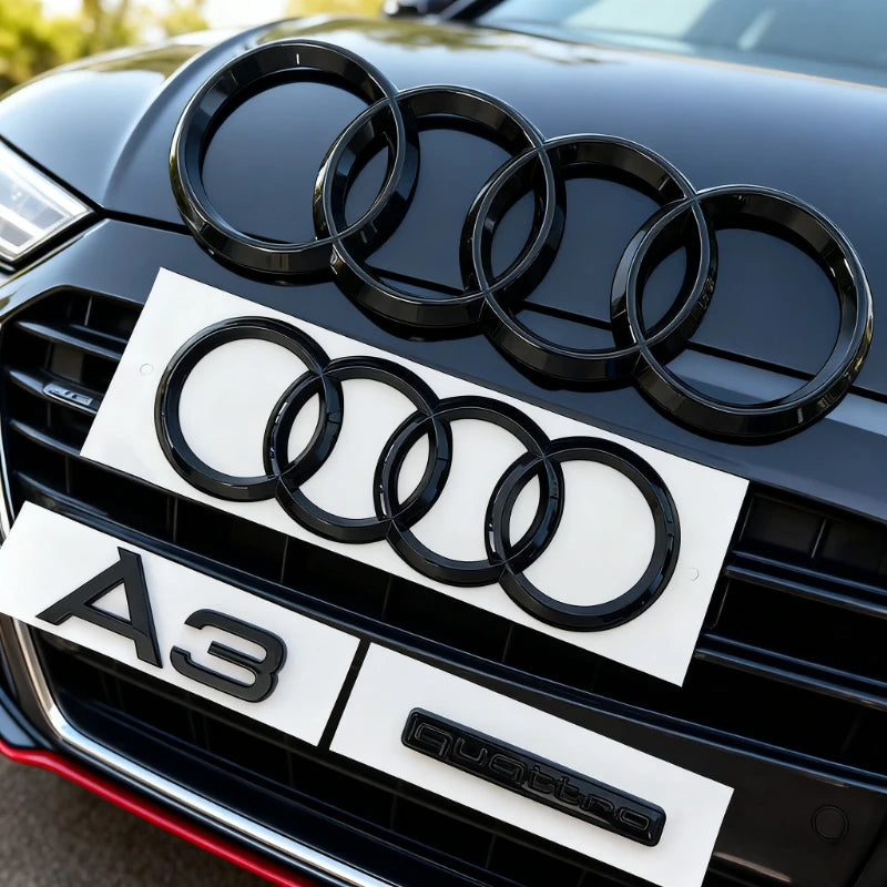 Black ABS 4 Ring Logo Emblem Badge Sticker for AUDI A3 2010-2020 Quattro Mark Hood Front Grill Rear Trunk Emblem