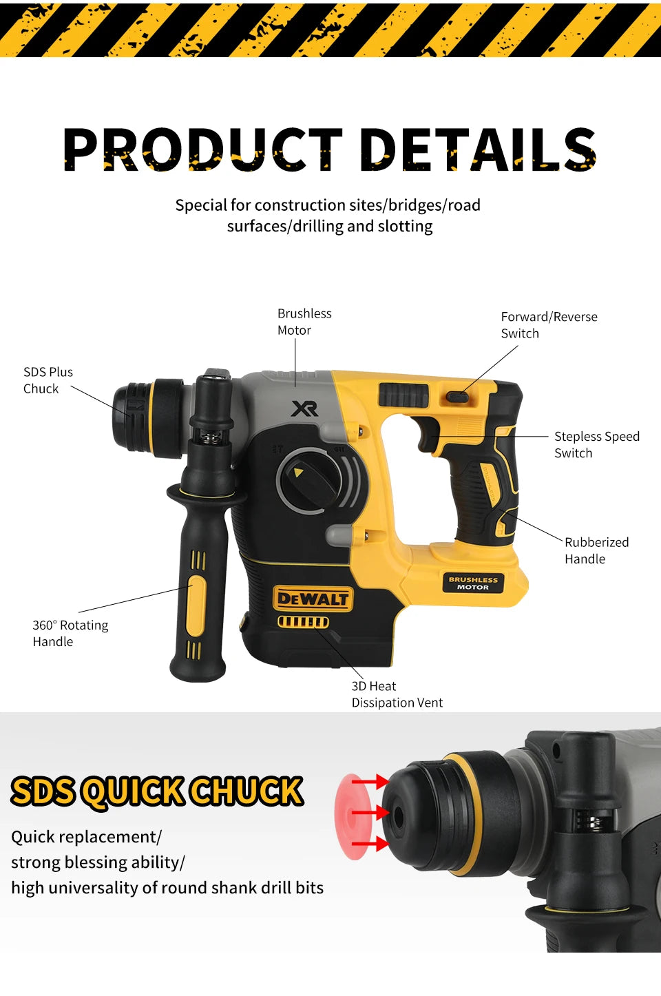 DEWALT DCH273 20V Brushless Rotary Hammer 2.1J Impact Energy 360° Handle 6.0Ah Battery for Concrete Brick Stone Drilling