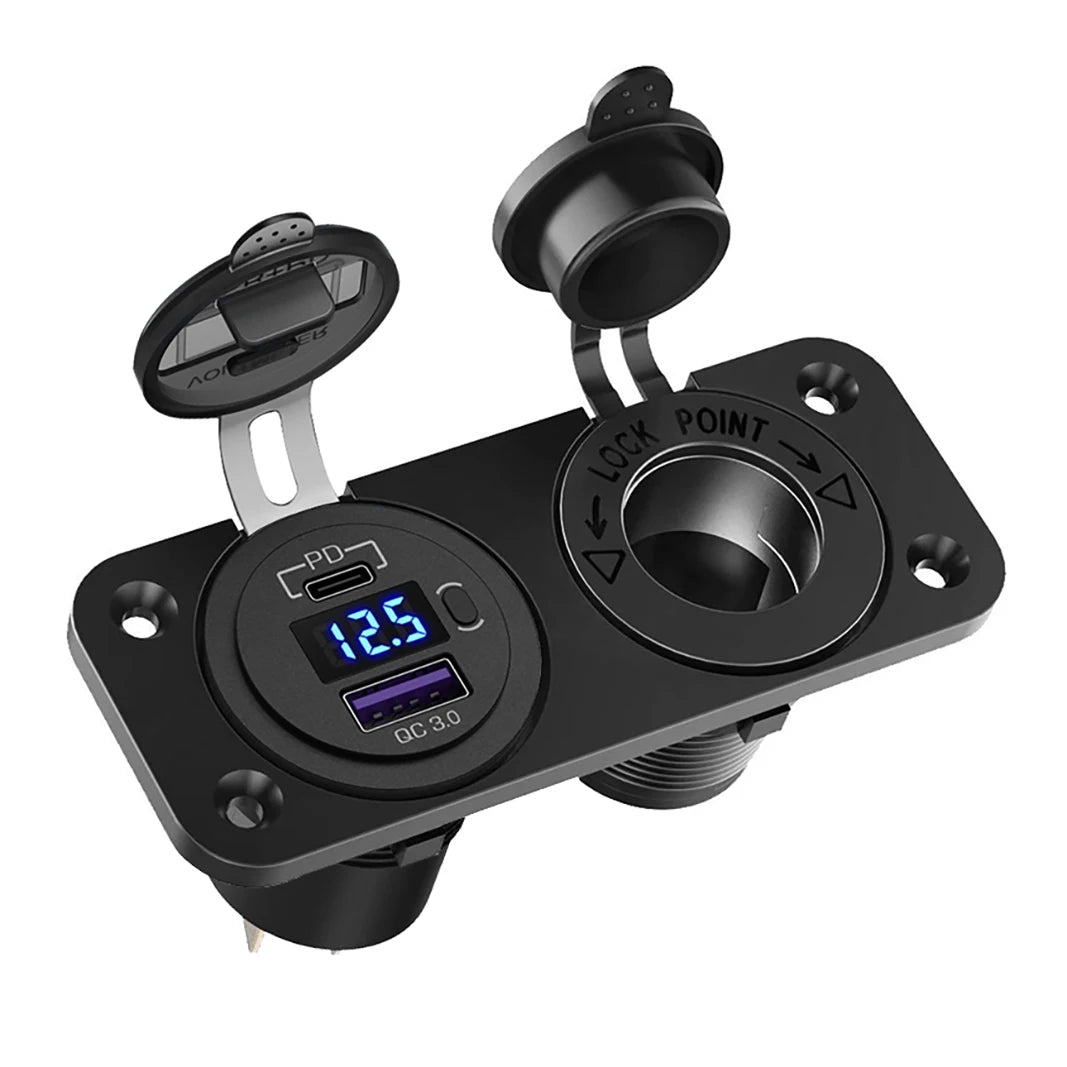 12V USB Outlet Marine Panel PD Type C QC3.0 USB Ports Car Charger with LED Voltmeter Power Switch Cigarette Lighter Socket