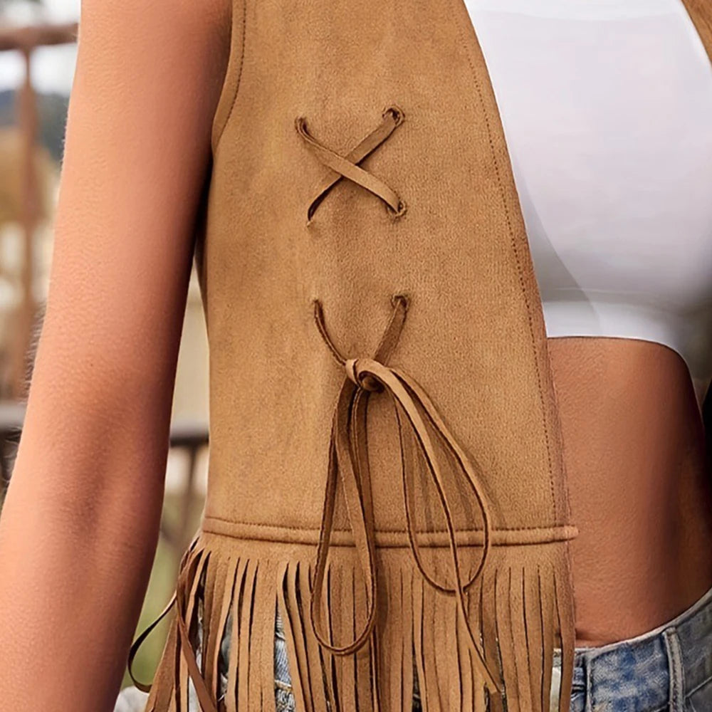 Women Aesthetic Faux Suede Ethnic Sleeveless Jackets Fringe Tassels Hippie Open Front Cardigan Vintage Cowgirl Waistcoat Vests