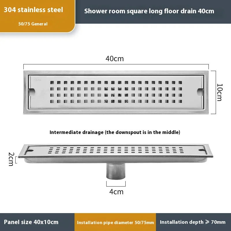20-60cm Acier Inoxydable Carré Long Drain de Plancher Salle de Bain Égout Rectangulaire Drain de Plancher Grand Débit Drainage de Salle de Bain