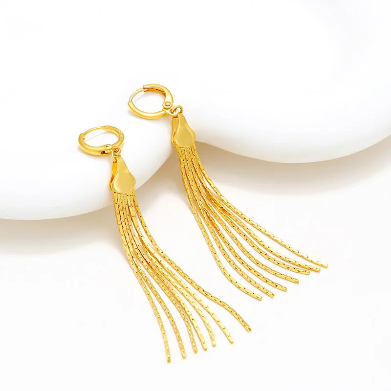 Luxury 24K 9999 Pure Gold real gold Long multi-line tassel earrings women elegant temperament golden earrings