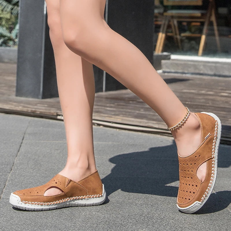 Unisex Sandals Hand Sewn Leather Hollow Out Outdoor Casual Shoes Comfortable Soft Summer Fashion Street Walking Shoes Women