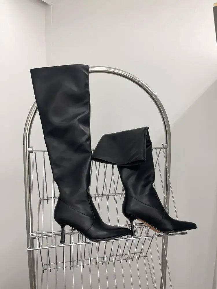 Party Modern Ladies Knee High Boots Pointed Toe Fashion Pleated Western Women Long Boots Shoes Female Pumps Heels Shoes