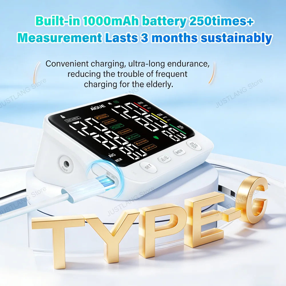 JUSTLANG 1000mAh Blood Pressure Monitor Dual Result Display HD LED Arrhythmia Tonometer Digital Tensiometer Pressure Measure Arm