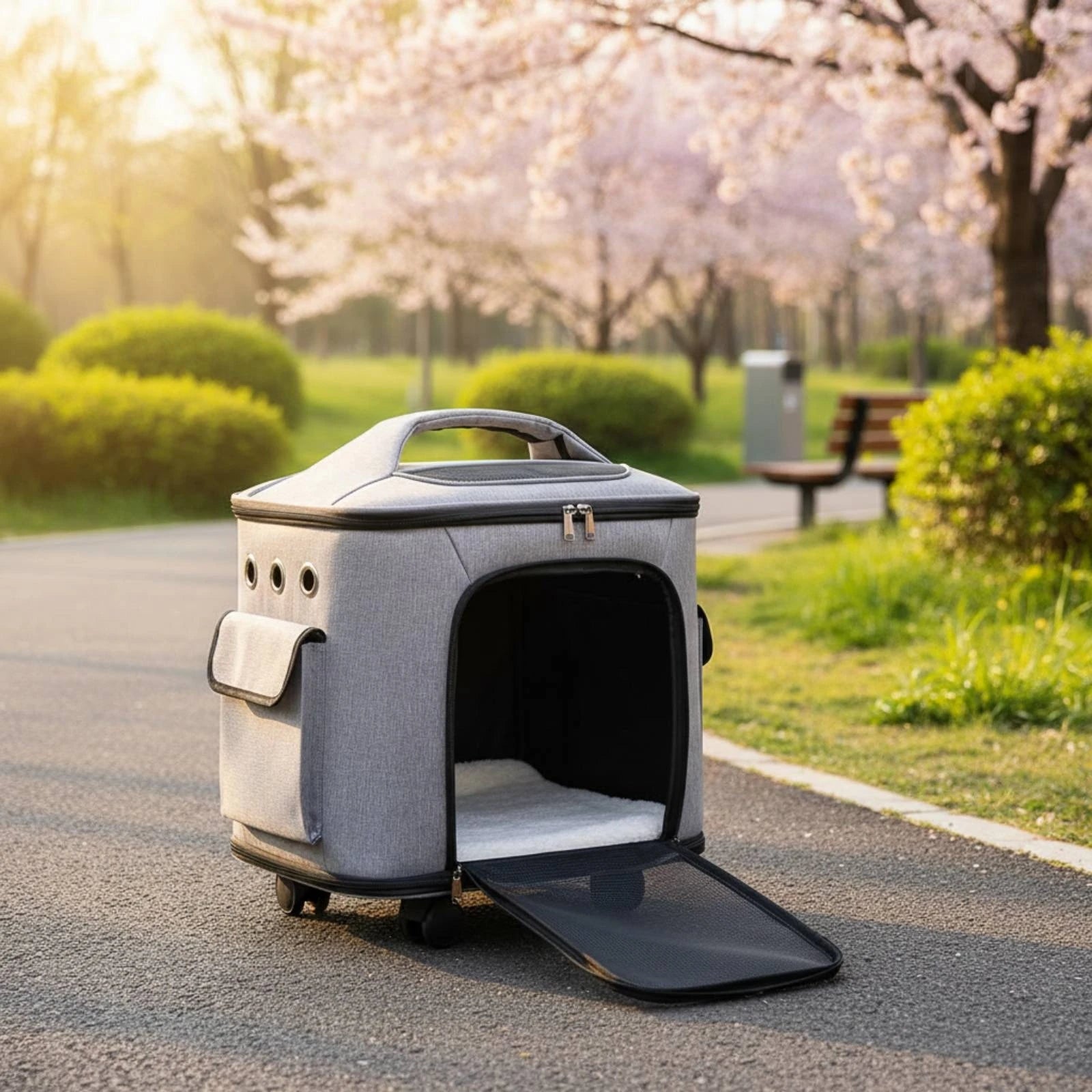 Rolling Pet Carrier Quiet Wheels Feline Carrier Suitcase Feline Travel Bag Trolley Handle Multiple Carrying Options for Outdoor