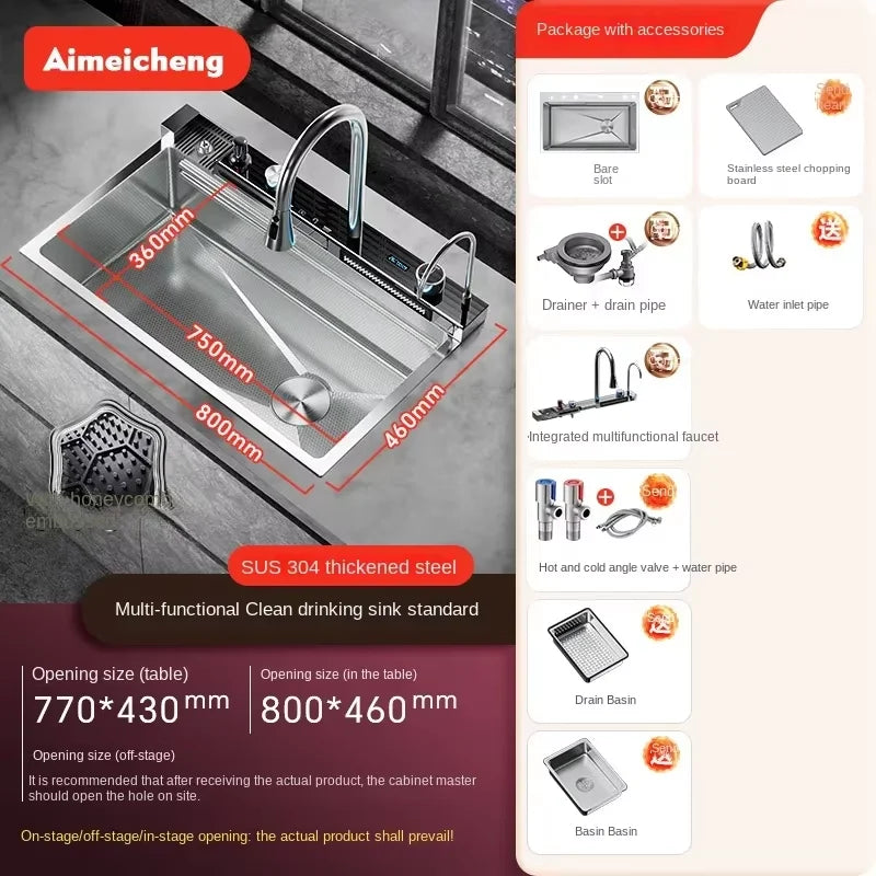 Stainless Steel Kitchen Sink with Faucet Digital Display Large Single Bowl Waterfall Rain 5 Functions System Dish Basin Sink