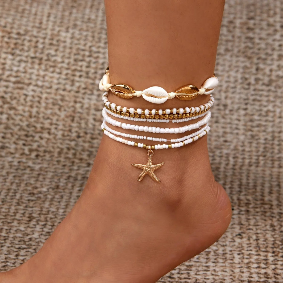 Metal Starfish Pendant Anklets Set For Women Men Trendy Sea Star Multilayer Rice Beaded Foot Chain Summer Beach Vacation Jewelry