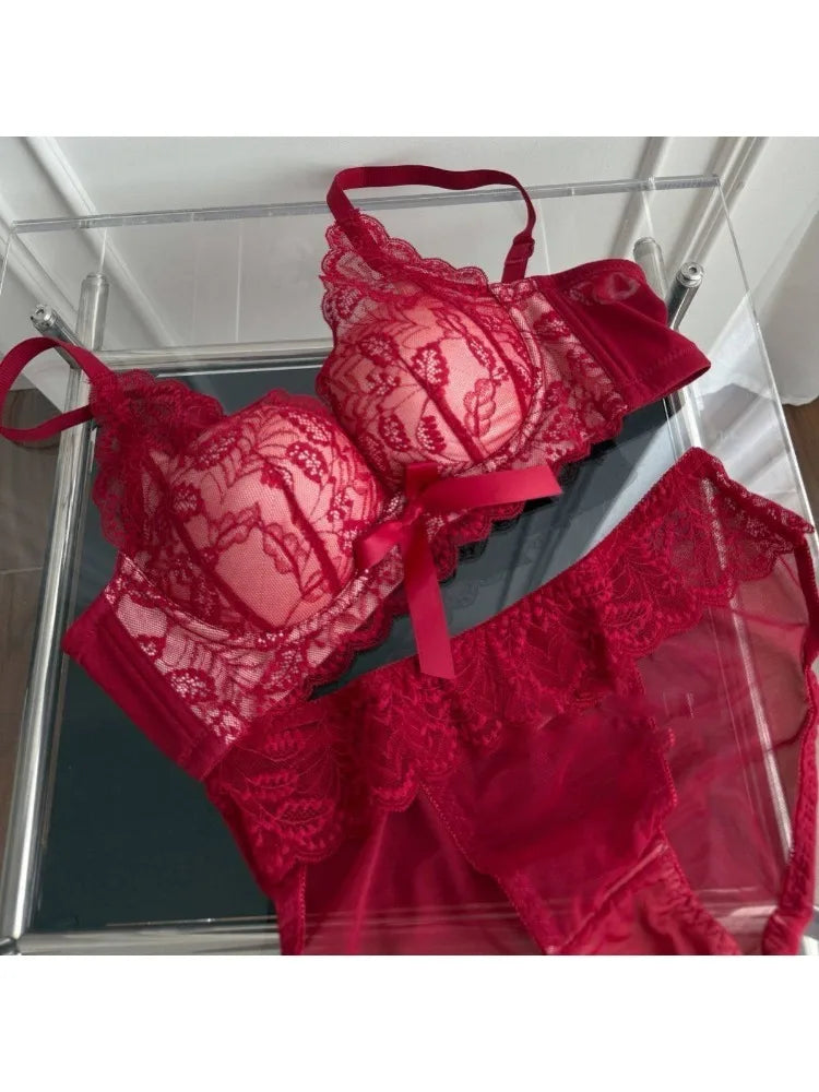 Trendy French Style Lace Bowknot Contrast Color Bra Set Wireless Push Up Thick Padded No Gap Sexy Women's Lingerie Set Hot Sale
