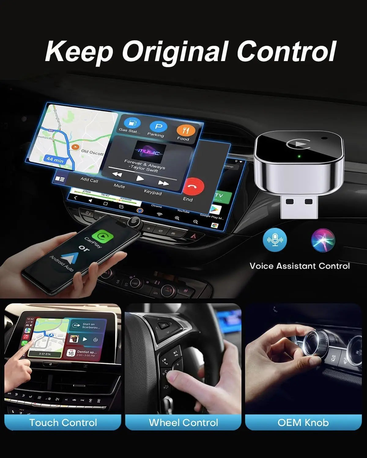 Dongle CarPlay et Android Auto sans fil, connexion automatique rapide, Plug & Play compact pour iPhone/Android, USB/USB-C, sans latence