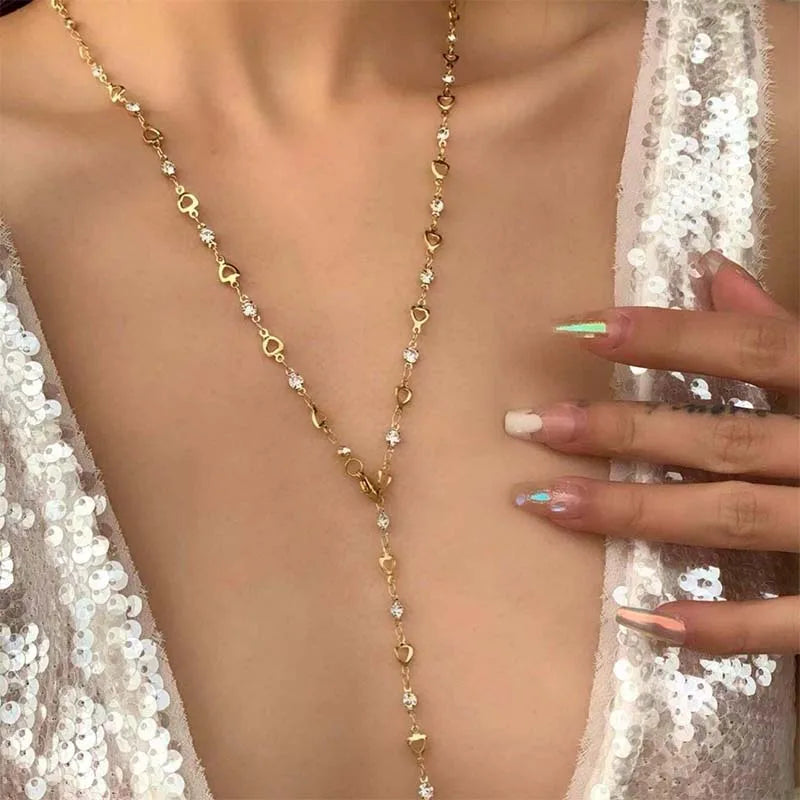 Fashion Sweater Chain Long Y-shaped Necklace for Women Simple Metal Gold Color Heart Crystal Clavicle Necklace Y2K Party Jewelry