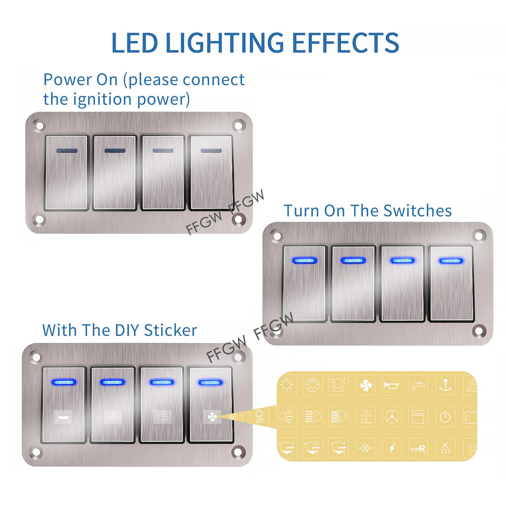 Durable metal 2-8Gang rocker switch panel with LED light, waterproof and overload protection for car card, vehicle and vessel