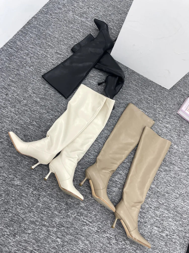 Party Modern Ladies Knee High Boots Pointed Toe Fashion Pleated Western Women Long Boots Shoes Female Pumps Heels Shoes