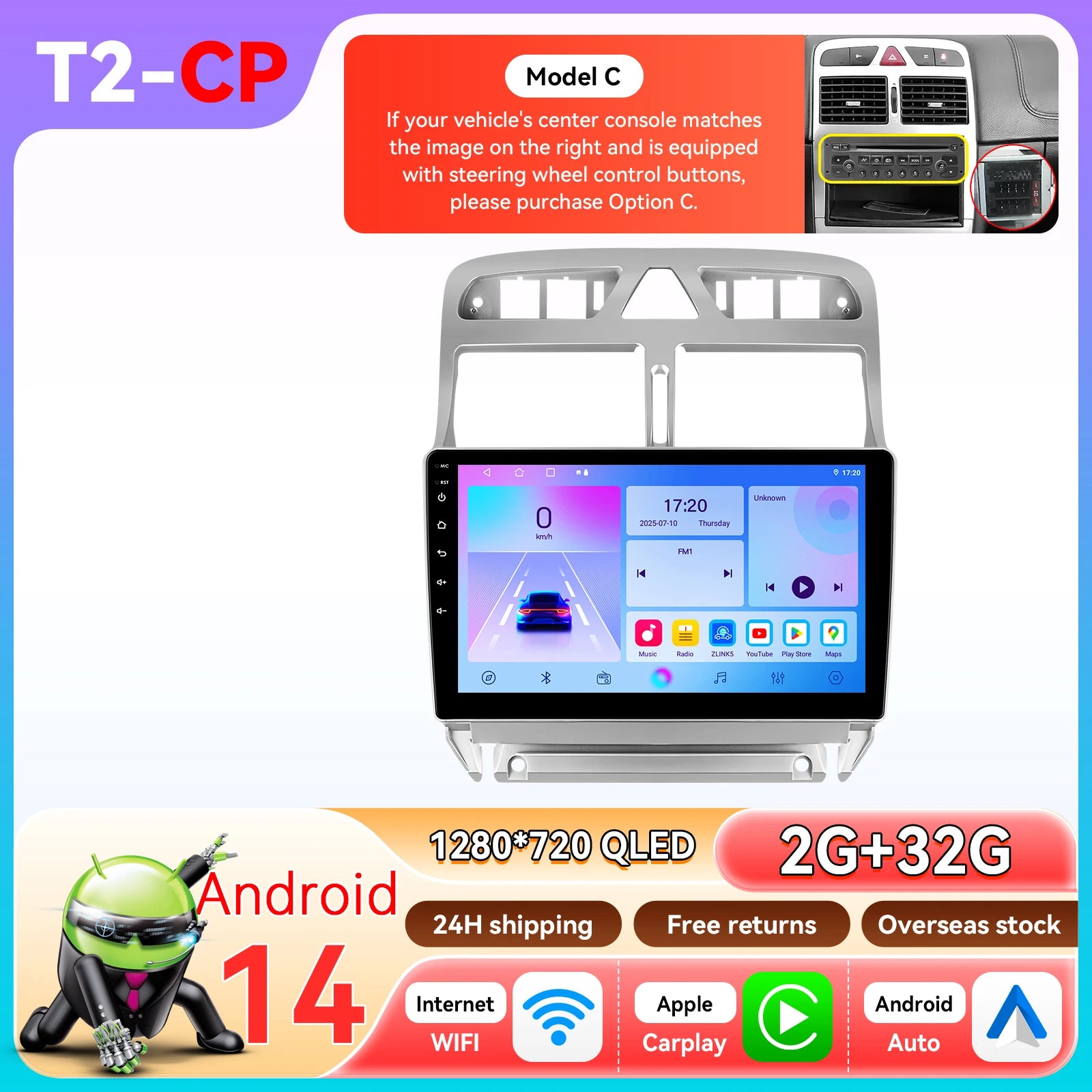 Hizpo 2Din 9inch CarPlay Android Auto Car Radio for Peugeot 307 307CC 307SW 2002 - 2013 Multimedia Navigation GPS RDS DSP 4G BT