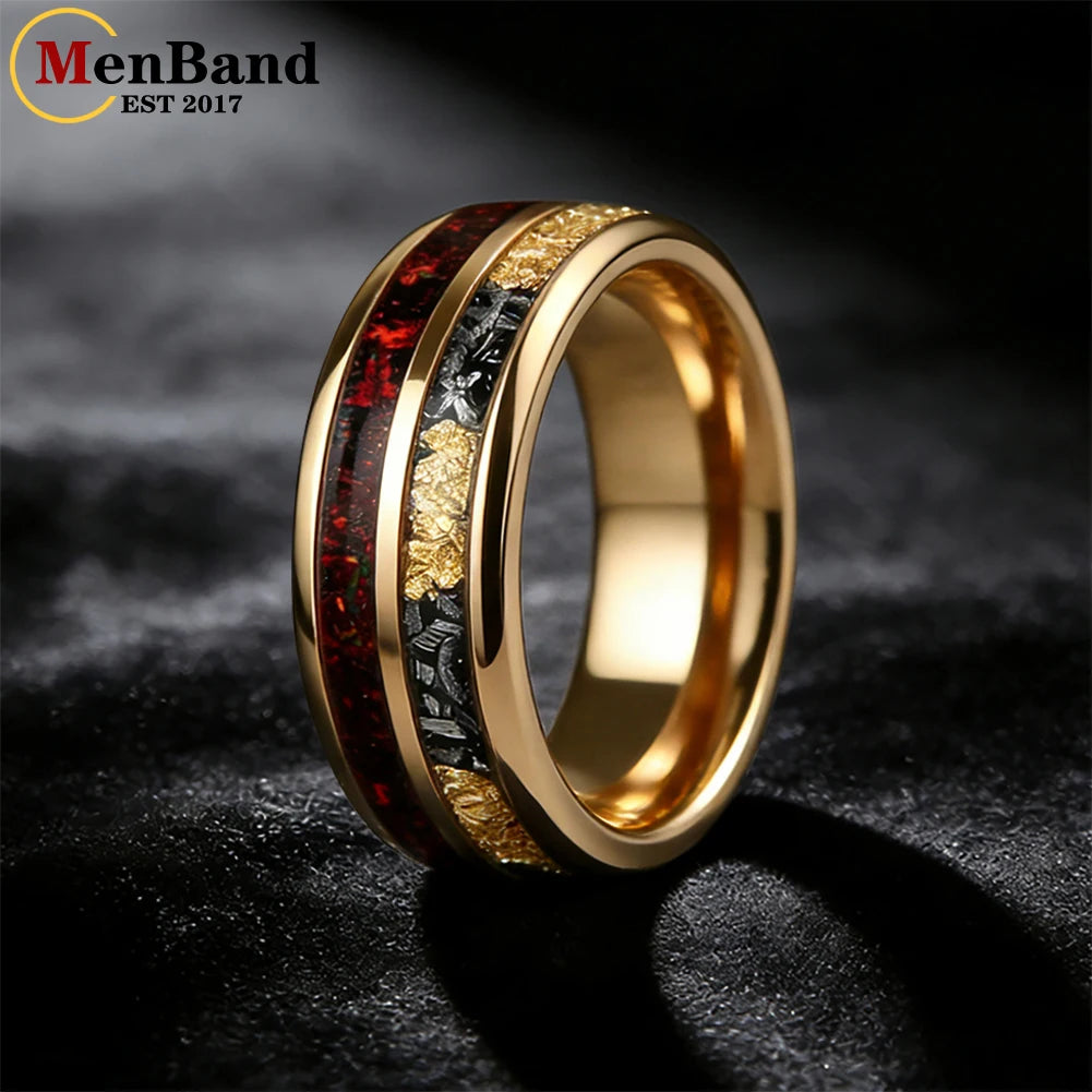 MenBand 6MM 8MM Men and Women Marriage Tungsten Ring Inlaid Red Opal and Meteorite Gold Foil，Couple's Ring, Promise Ring