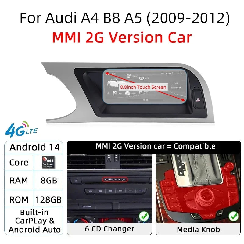 CarPlay For Audi A4 B8 A5 2008 2009 2010 MMI 2G High CD Changer Android 14 8+128GB Car Multimedia Player Stereo GPS Navi Screen
