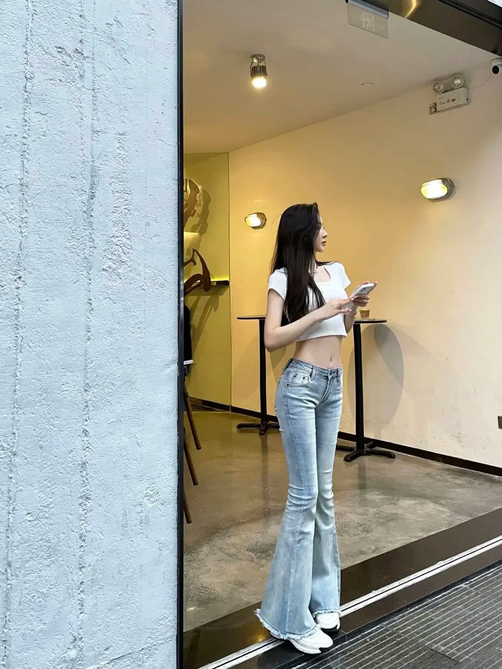 Pantalon patte d'éléphant taille basse pour femme, pantalon bleu, jean skinny, coupe évasée, coupe ajustée, baggy, élégant, pantalon d'été A