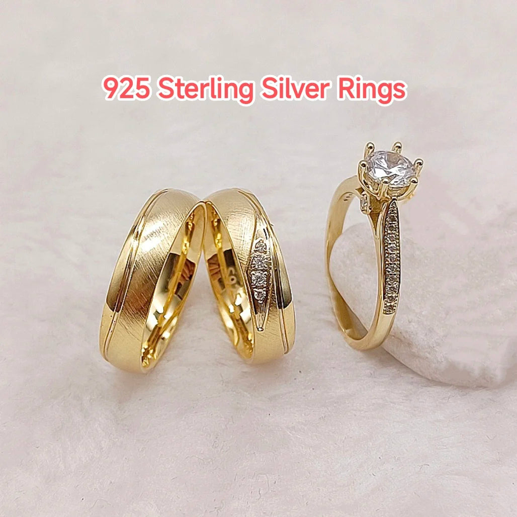 3pcs Matte Titanium Jewelry Italian Women 24k Gold Plated Ring Cz Diamond Ring Marriage Wedding Proposals Bridal Sets Couples