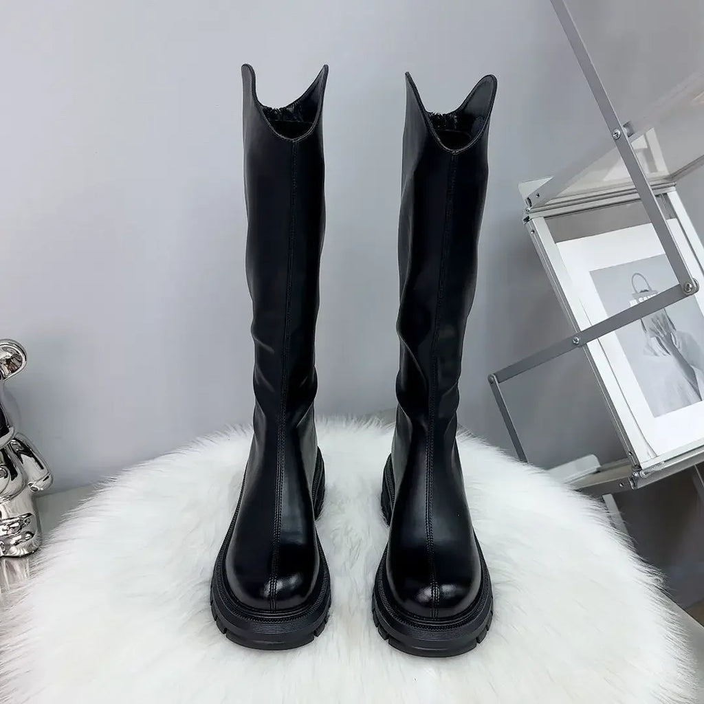 2025 Woman's Boots Autumn New Fashion Platform Long Pipe Knight Boots Casual Women's Medium Heel Knee High Boots Botas Mujer