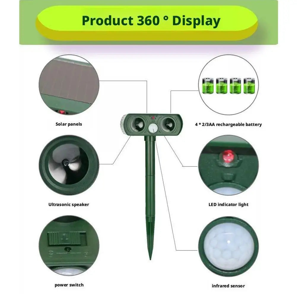 Outdoor LED Light Alarm Ultrasonic Cat Dog Repellant Solar Power Rechargeable Garden Repellers For Garden