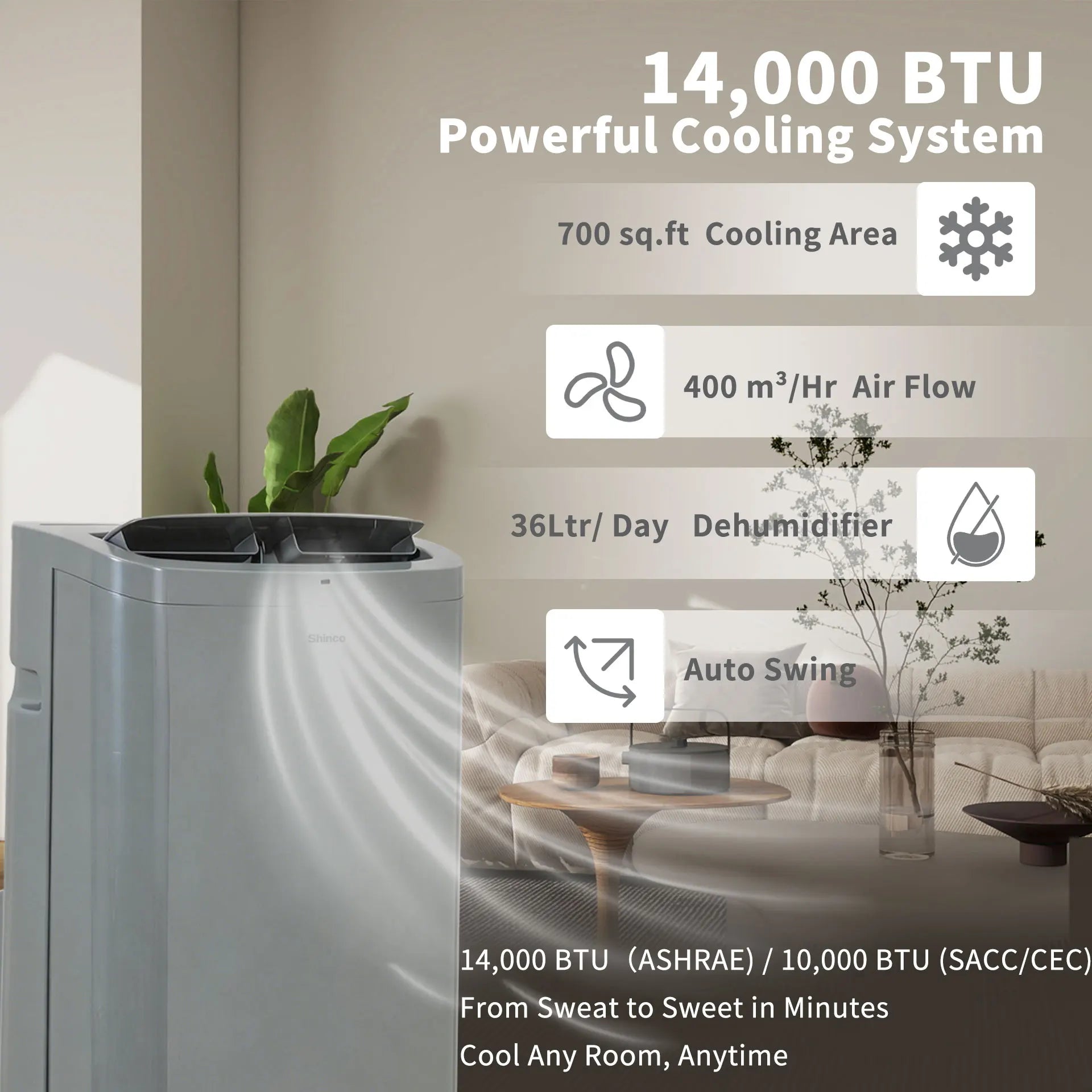 Shinco 14,000 BTU Portable Air Conditioner, Portable AC Unit with Built-in Cool, Dehumidifier & Fan Modes for Room up to 700 sq.ft, Room Air Conditioner with Remote Control, Installation Kit
