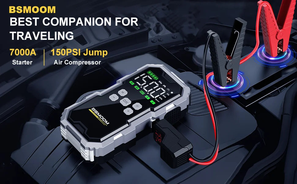 150PSI Air Pump Car Battery Emergency Boosters ,7000A/1500A PEAK Car Jump Starter Power Bank ,Portable Starting Device Car Starter New,Cars with USB Ports And LED Flashlight, 26800mAh/21800mAh Portable Car Jump Starter, Batte