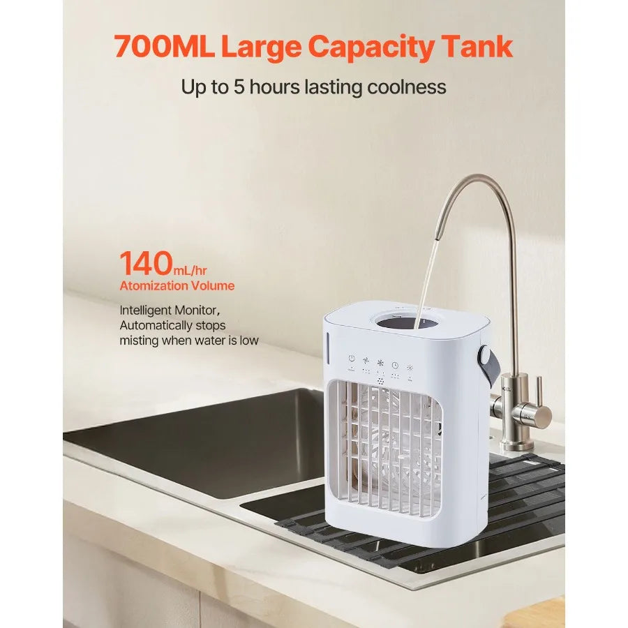 Portable Air Conditioner, 4-in-1 Evaporative Air Cooler, 3-Speed Mini Air Conditioner with 0-7H Smart Timer, 700ml Water Tank,