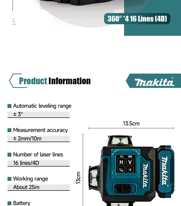 Makita Digital Laser Level 360-Degree X4 16-Line Self-Levelling Outdoor Vertical Cross-Line Tool for Precision Measurement