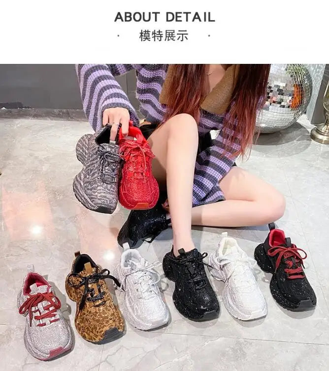 Luxury Women Bling Running Shoes Chunky Sneakers Fashion Casual Genuine Leather Breathable Height Increased Flat Platform Shoe