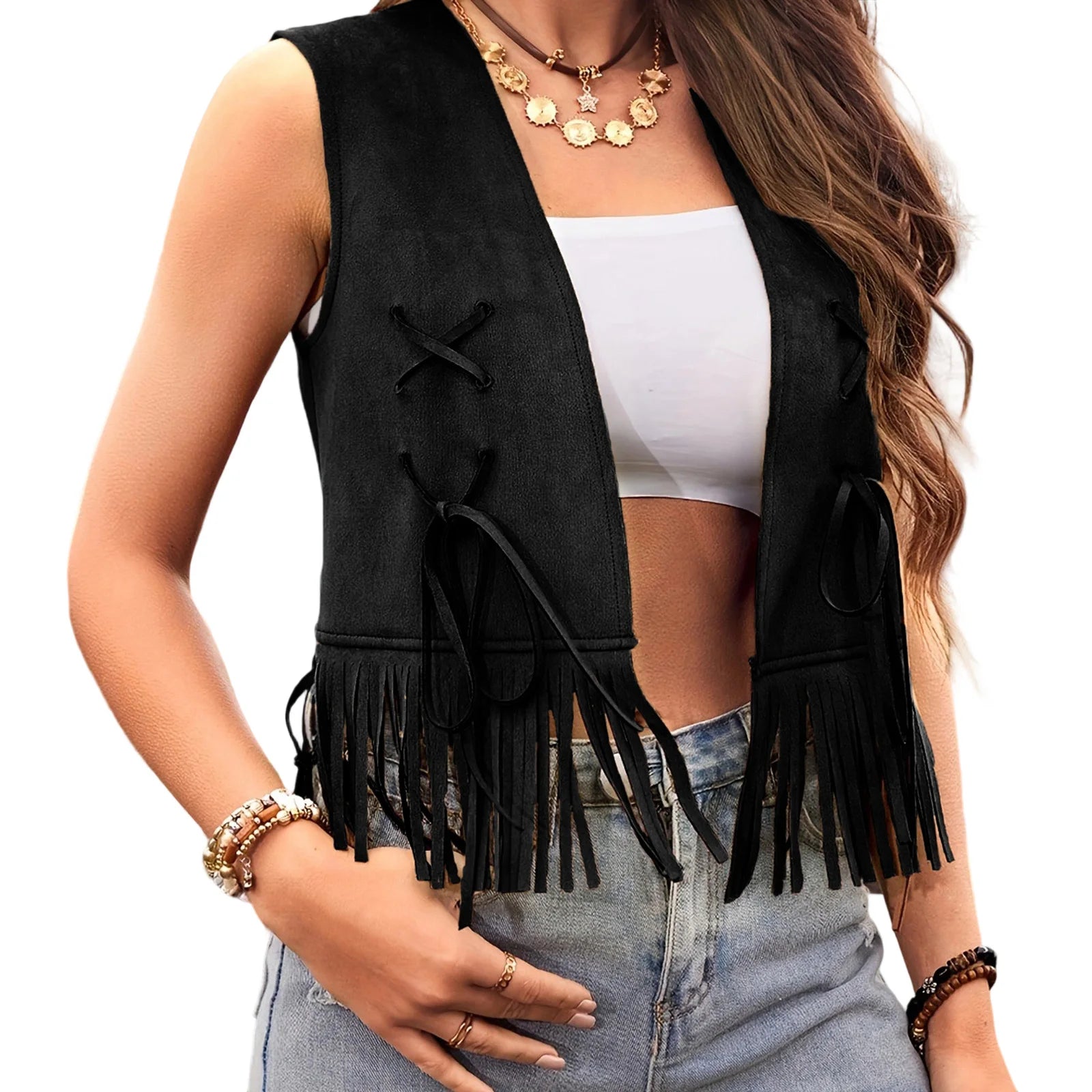 Women Aesthetic Faux Suede Ethnic Sleeveless Jackets Fringe Tassels Hippie Open Front Cardigan Vintage Cowgirl Waistcoat Vests