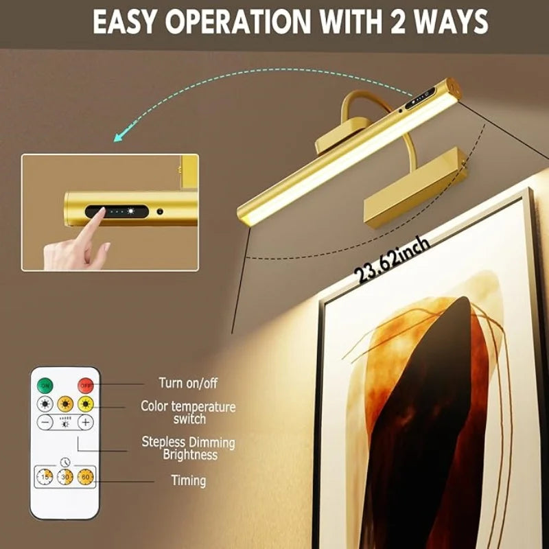 Lampe murale rechargeable à LED 4000mAh, télécommande moderne, 3 couleurs, intensité réglable, dorée, pour miroir de salle de bain, en aluminium, pour éclairer des tableaux