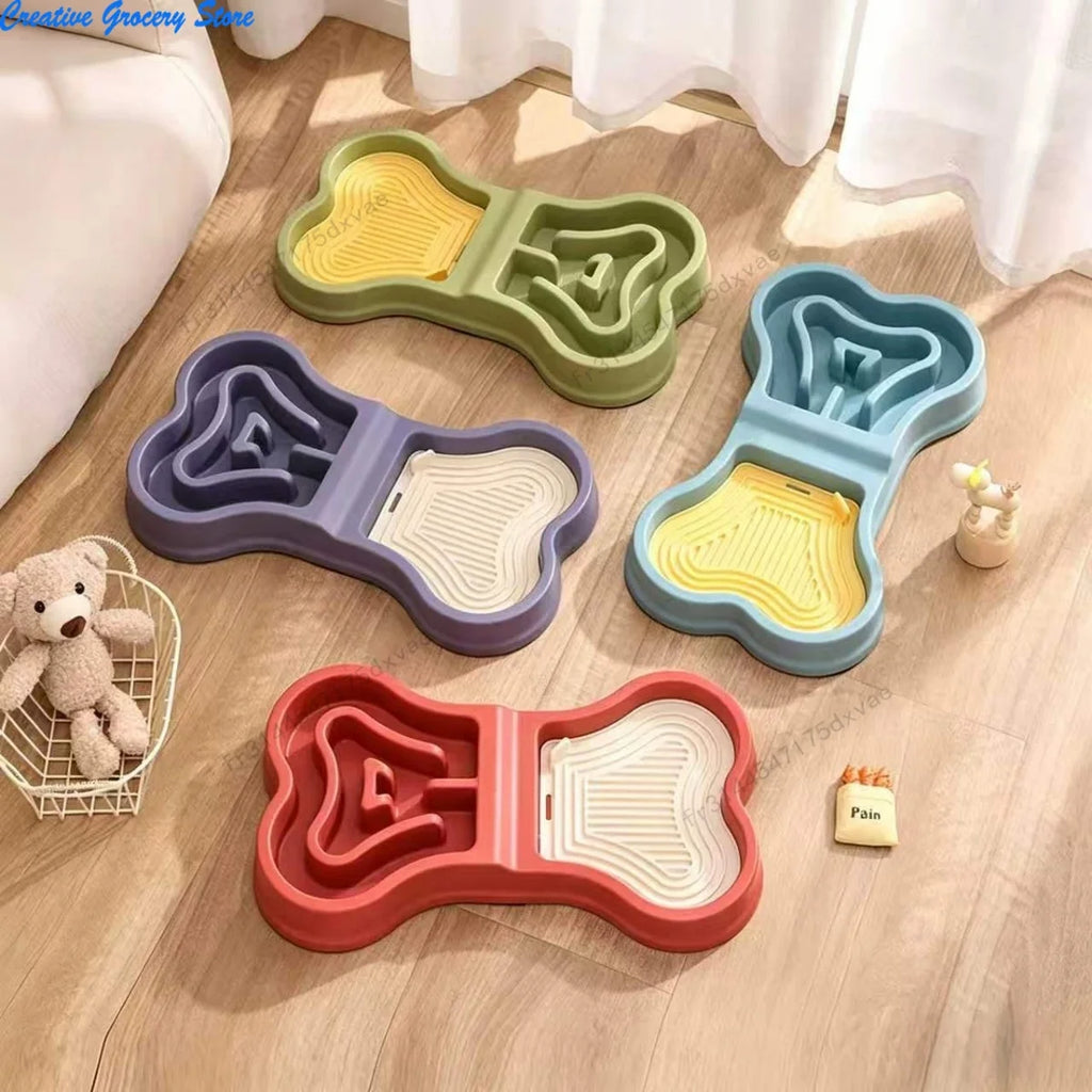 Non Slip Bone Shaped Dog Slow Feeder Bowl Double Compartment Interactive Maze Pet Food Dish for Fast Eaters Anti Choking Dry Wet