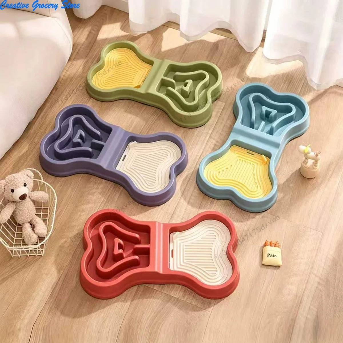 Non Slip Bone Shaped Dog Slow Feeder Bowl Double Compartment Interactive Maze Pet Food Dish for Fast Eaters Anti Choking Dry Wet