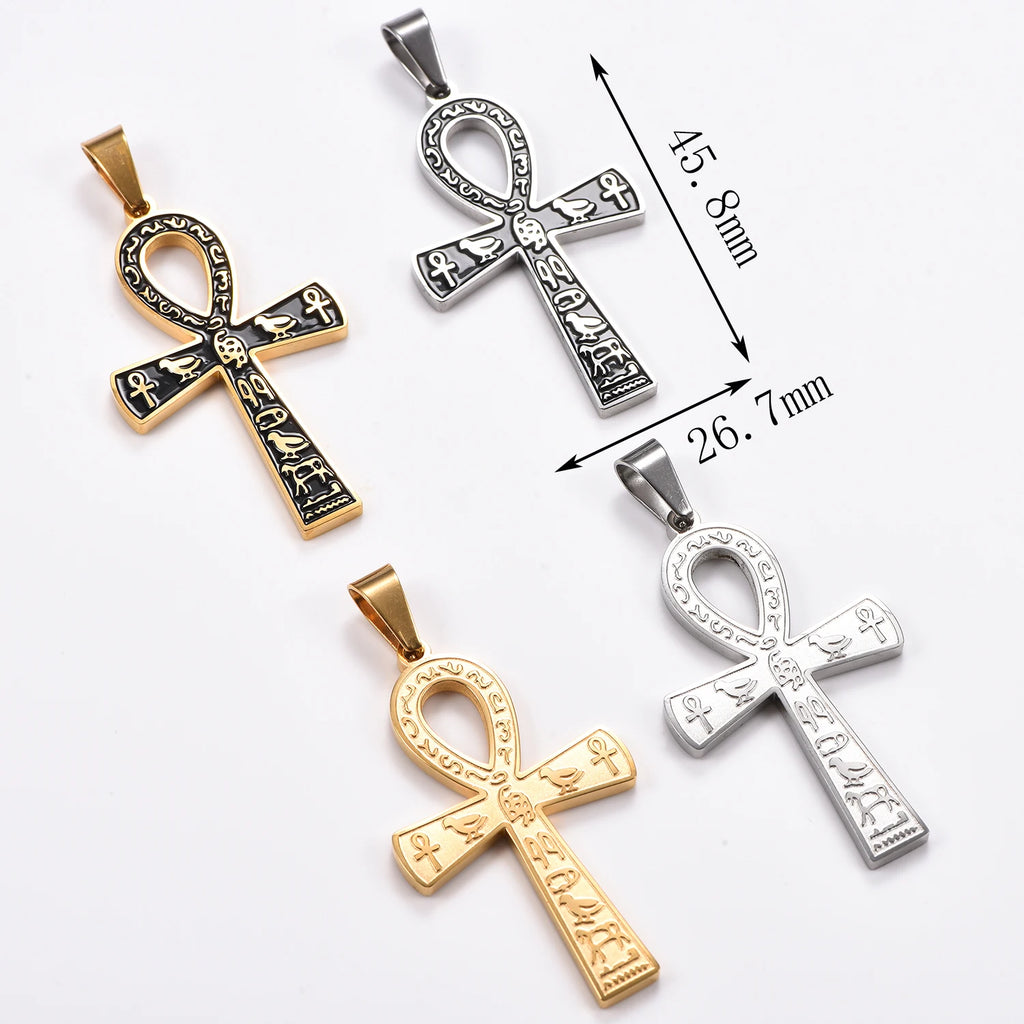 Stainless Steel Ancient Egyptian Ankh Cross Pendant Necklace Silver/Gold Color Painted Bird Animal Totem Jewelry Gift