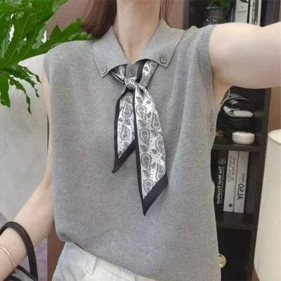 Women's Fashionable Summer 2026 Knitwear with Scarf Sleeveless Small Collar Trendy High-End Base Shirt Top