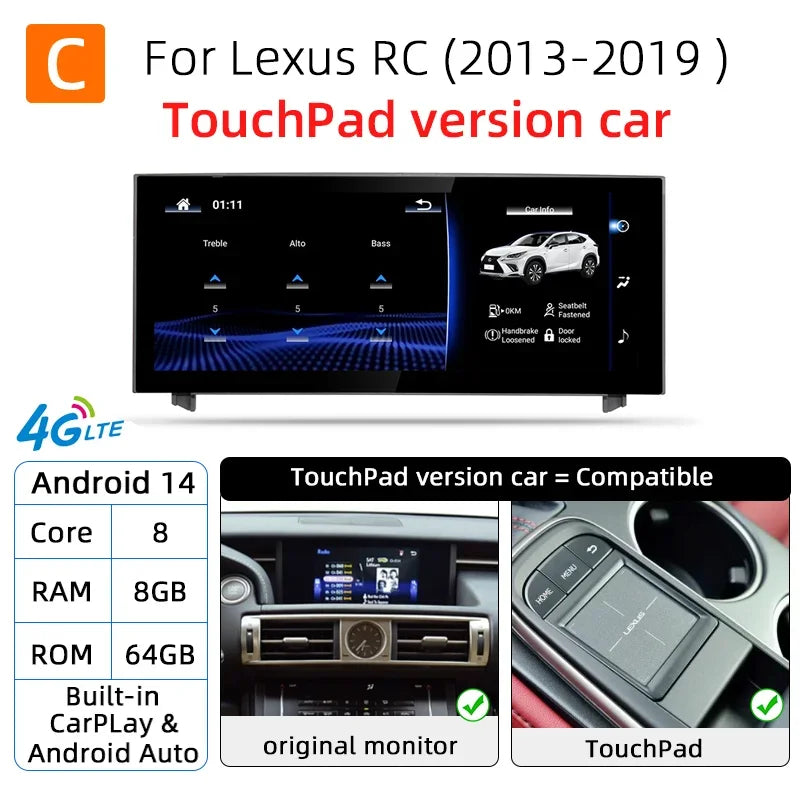 Android 14 Car Radio For Lexus IS RC 200 250 300 350 200t 300h 2013-2019 128GB Multimedia Video Player CarPlay Autoradio 4G