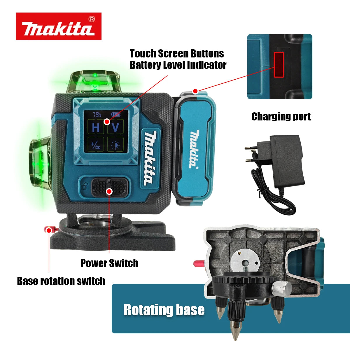 Makita Digital Laser Level 360-Degree X4 16-Line Self-Levelling Outdoor Vertical Cross-Line Tool for Precision Measurement