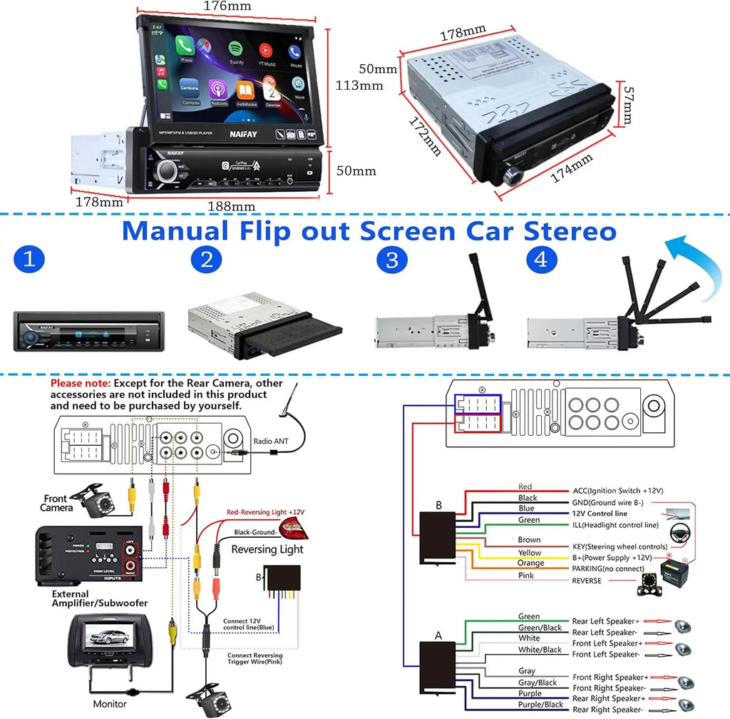 7" Flip Out Car Stereo with Carplay & Android Auto, Bluetooth, Backup Camera, FM Radio