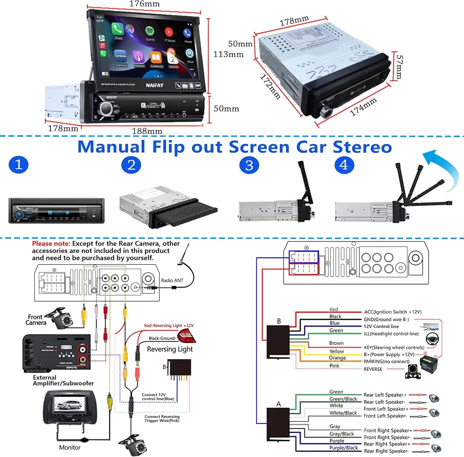 7" Flip Out Car Stereo with Carplay & Android Auto, Bluetooth, Backup Camera, FM Radio