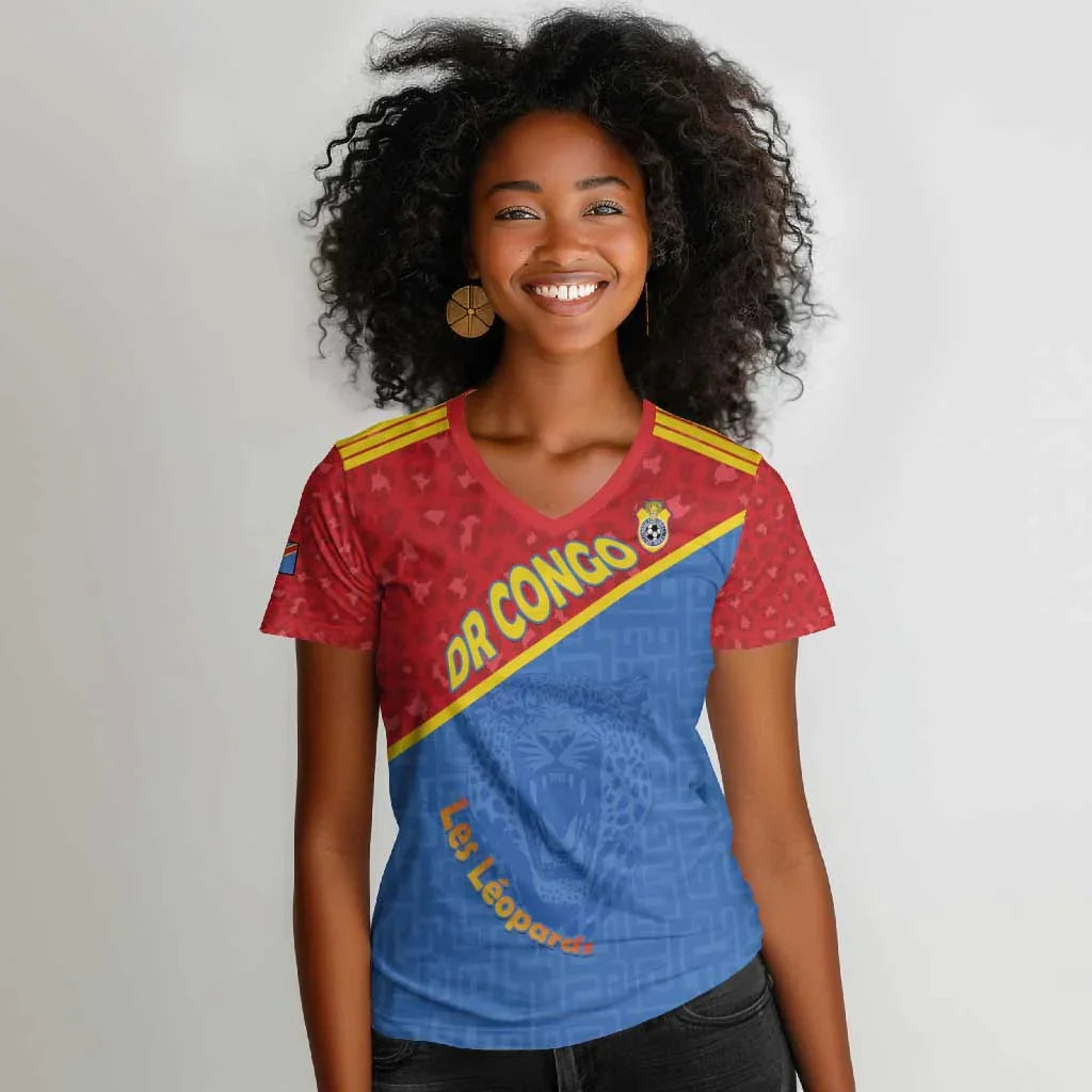 Sweat-shirt bleu pour femme de la République démocratique du Congo, T-shirt à col en V, Imprimé, Haut de T-shirt pour femme de style rétro minimaliste