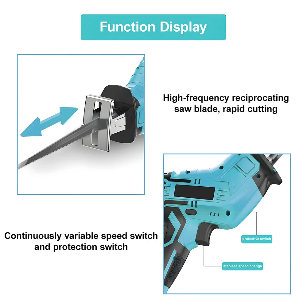 Podofo Electric Reciprocating Saw 21V Cordless Horse Knife Wood Metal Cutting Saw Portable Handheld Saw Power Tool add 2 Battery
