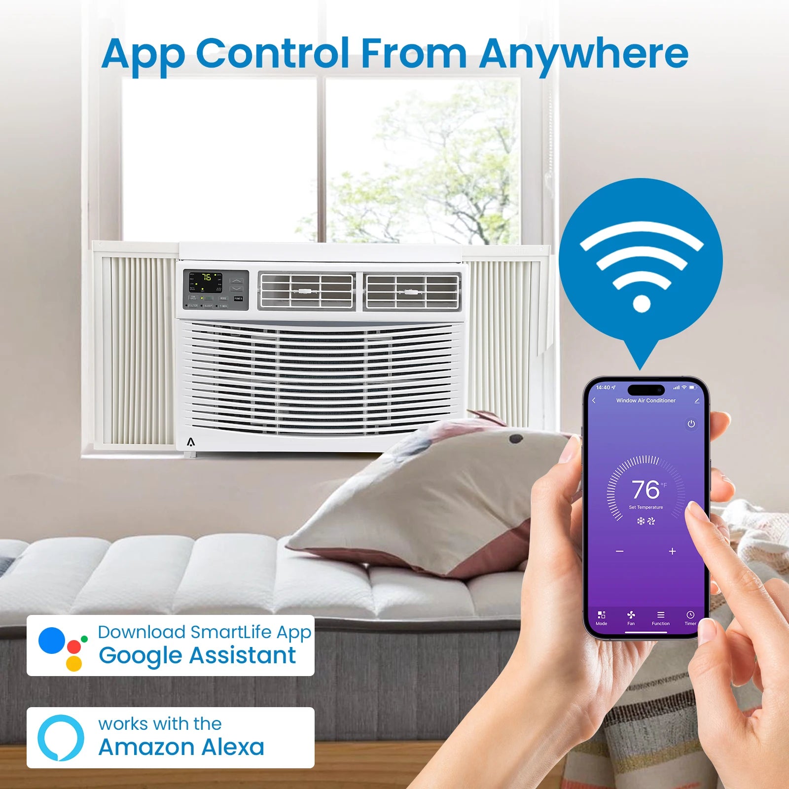 Climatiseur de fenêtre intelligent 8000 BTU avec Wi-Fi, télécommande et contrôle - 3-en-1 avec déshumidificateur, 3 vitesses de ventilation, minuterie 24H - pour chambre, bureau ou maison, ultra silencieux et efficace, jusqu'à 32,5 m²