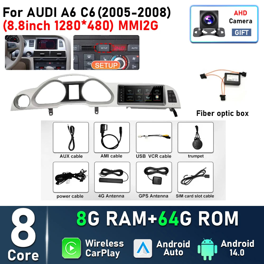 8.8inch Android 14 For Audi A6 C6 2005 - 2008 MMI 2G 2009 - 2011 MMI3G Car Radio Multimedia Player Navigation GPS Stereo CarPlay