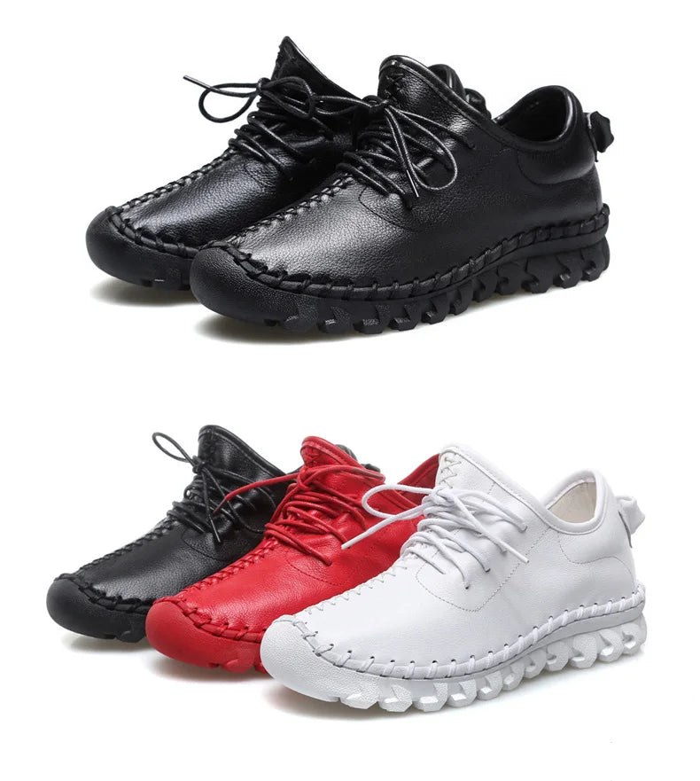Handmade Genuine Leather Women Shoes Fashion Casual Sneakers Retro Flats Ladies Lacing Loafers Breathable Vulcanized Shoes