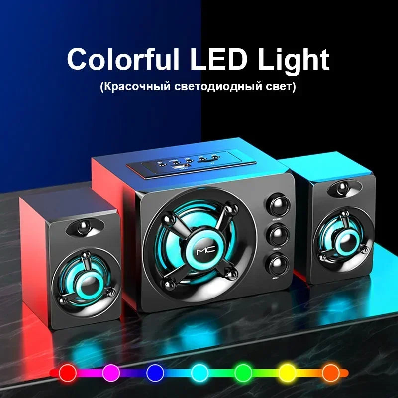 Powerful Bluetooth Speakers Colorful LED Home TV Theater Sound Wireless Subwoofer 3D Stereo Surround Wooden Material USB Wired