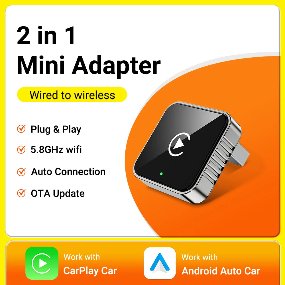 2026 NEW Upgraded Wired To Wireless Carplay Android Auto 2In1 Adapter Car Gadget Smart Box Plug and Play 5Ghz Wifi Fast Connect